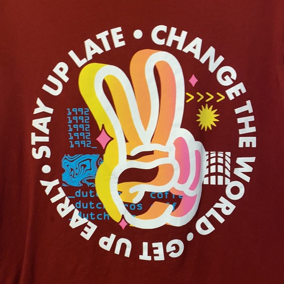 Dutch Bros Maroon T-Shirt “Get up early, stay up late, change the world” - Picture 2 of 5